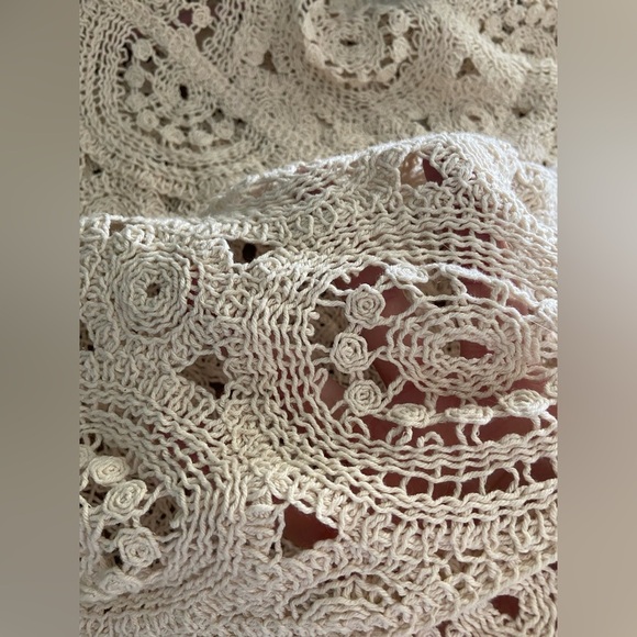 Vintage Solitaire XL Crocheted Knit Top Beige Circles Poplin Short Bubble Sleeve - Picture 10 of 11